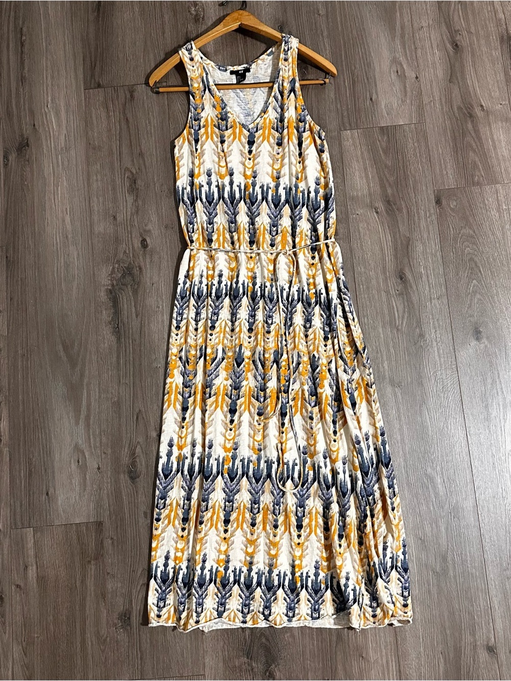 H&M Cotton Dress Sleeveless Tie Waist Cream Blue & Yellow Maxi